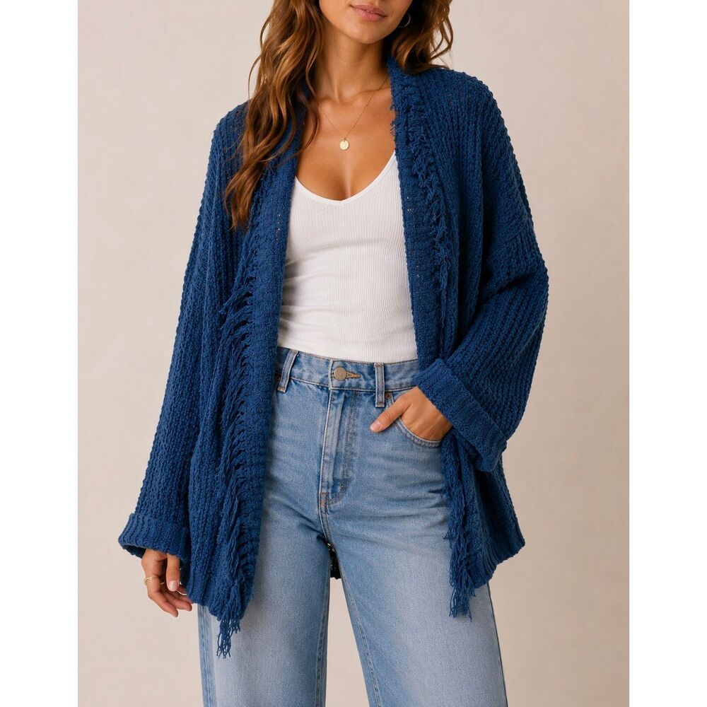 Free People Navy Chunky Knit Fringe Cardigan Oversized Boho Sweater